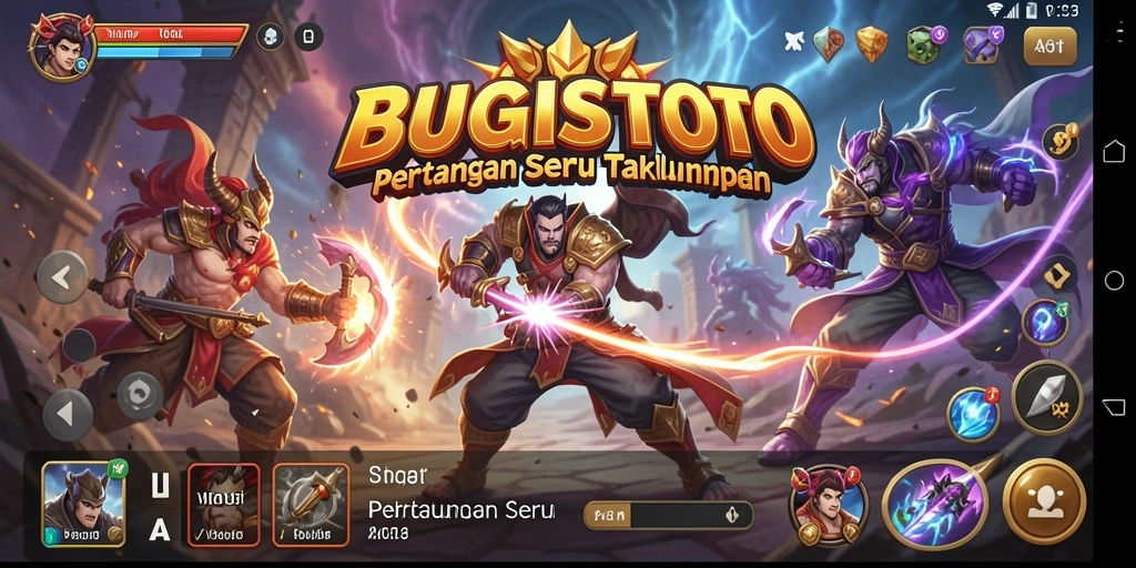Screenshot utama menunjukkan aksi seru pertarungan dalam BUGISTOTO.