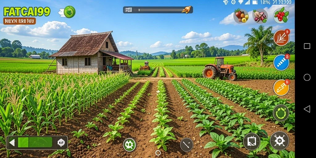 Tangkapan layar FATCAI99 menampilkan aksi seru di lahan pertanian.