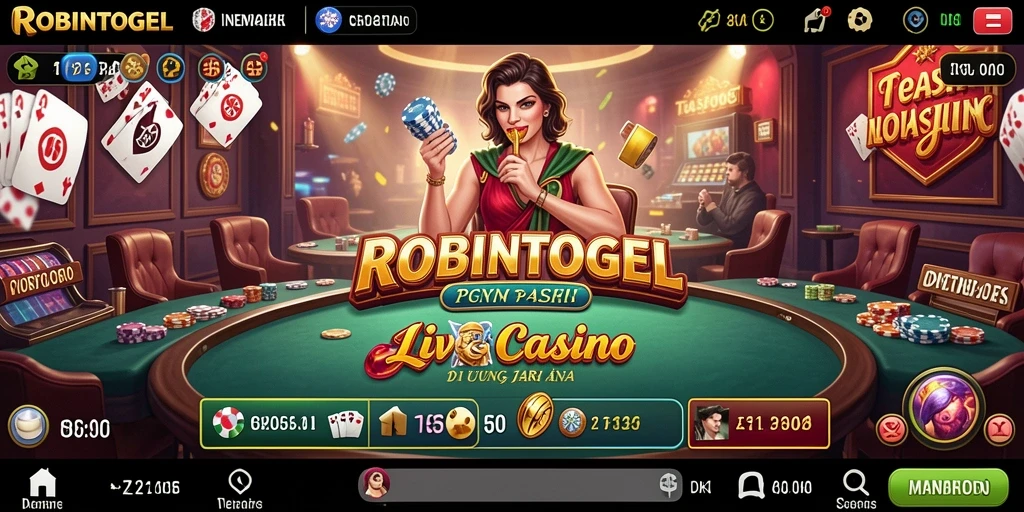 Screenshot gameplay ROBINTOGEL menampilkan suasana kasino yang hidup dan interaksi pemain.