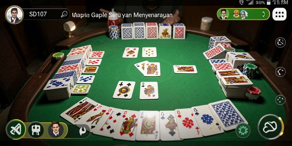 Screenshot utama gameplay SD107 menunjukkan suasana permainan Gaple yang seru.