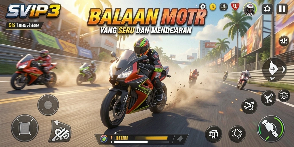 Gameplay seru di SVIP3 dengan balapan motor yang mendebarkan.