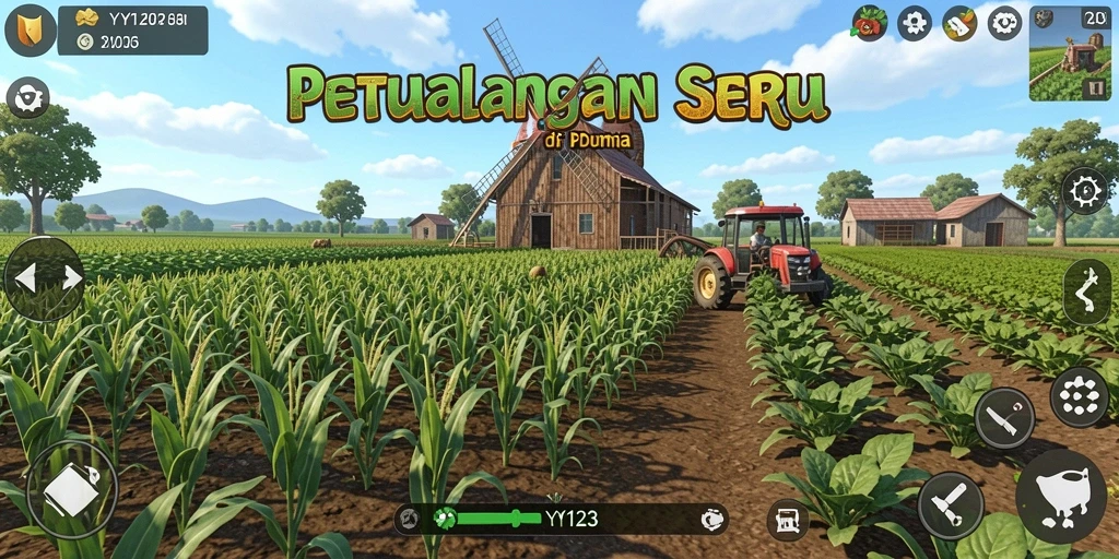 Screenshot utama YY123 memperlihatkan pemandangan ladang yang indah dan tanaman yang subur.